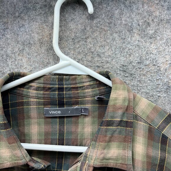 Vince Shirt Mens Large Olive Green Button Down Madras Plaid Cotton Classic - Picture 3 of 11